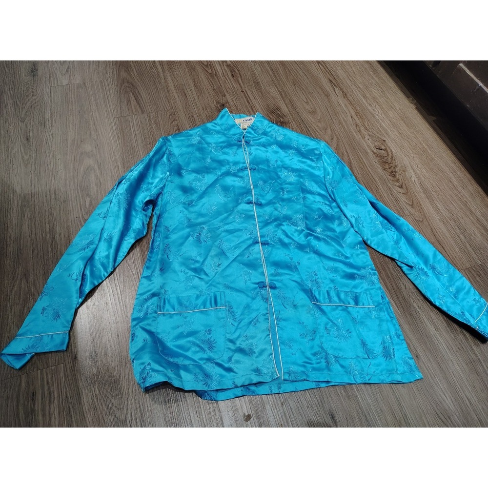 Vintage ESME 100% Pure Silk Chinese Mandarin Jacket Turquoise Floral Embroidered